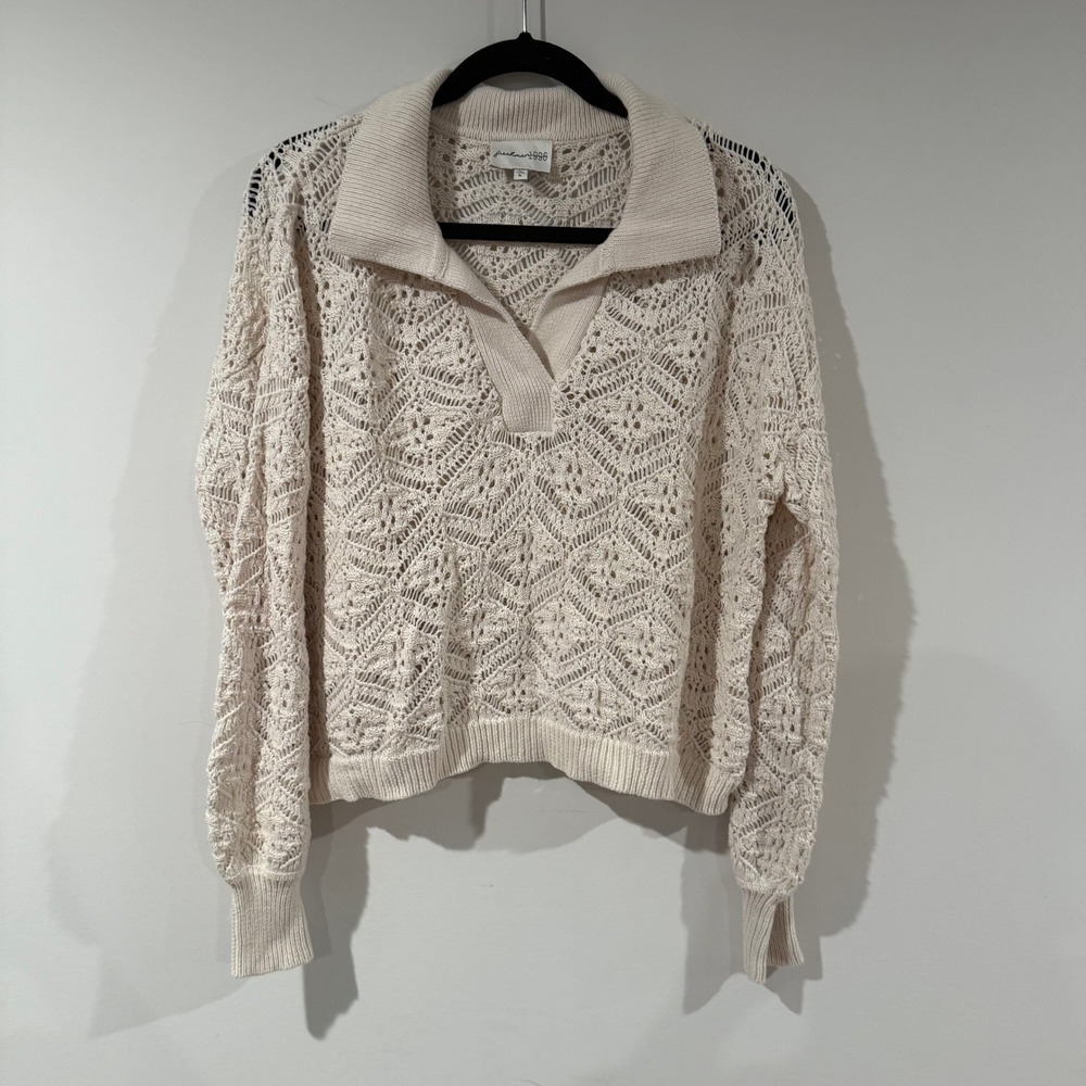 FRESHMAN 1996 Women's XL Cream Crochet Knit Pullover Collar Long Sleeve‎ Sweater